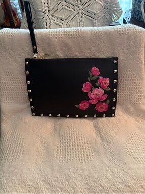 White House Black Market Black Wristlet with Pink Floral Print and Silver Studs
